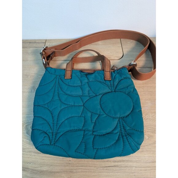 Vintage Fossil Bag Quilted Blue Trimmed In Cow Hide Leather Flaw - Picture 4 of 8